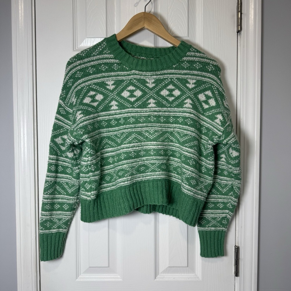 American Eagle Fairisle Snowdrift Sweater Boxy Cozy Green Size Small